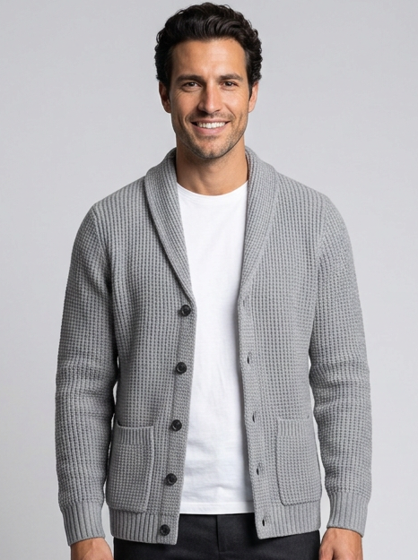 Men's Slim Fit Button-Up Cardigan in Grey – front view