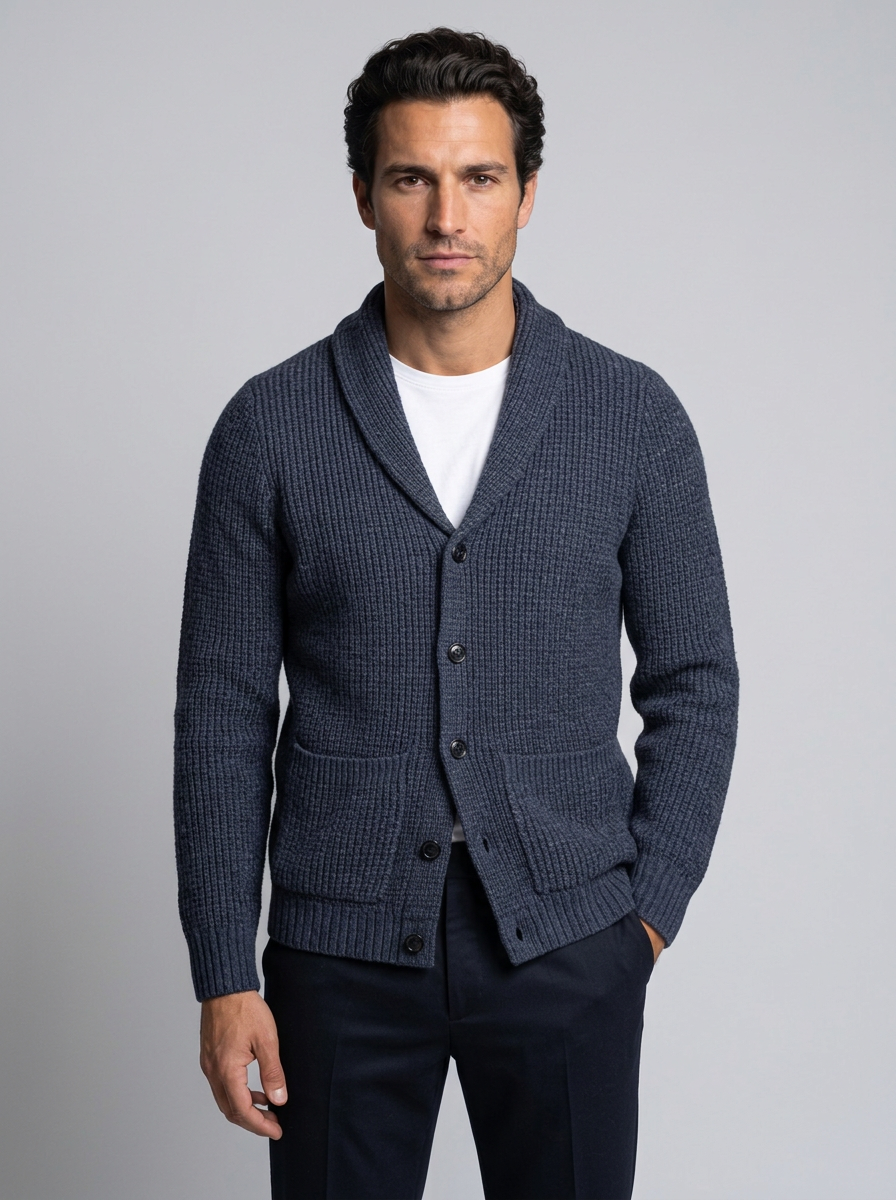 Men's Slim Fit Button-Up Cardigan in Navy – front view