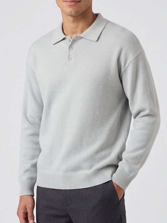 Men's Relaxed Button Polo Jumper in Grey – three-quarter view