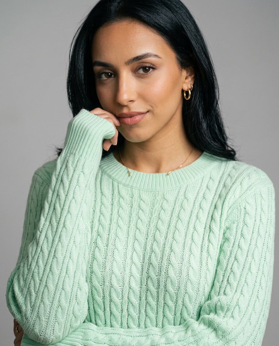 Women's Cable Knit Round Neck Jumper in Light Green – close-up
