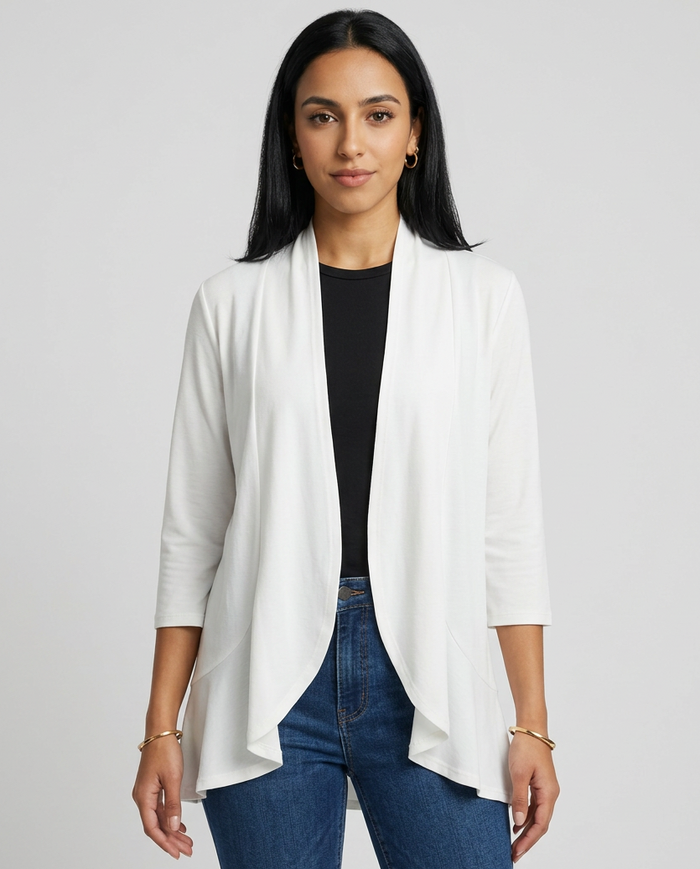 Women's Open Front Draped Cardigan in White – front view