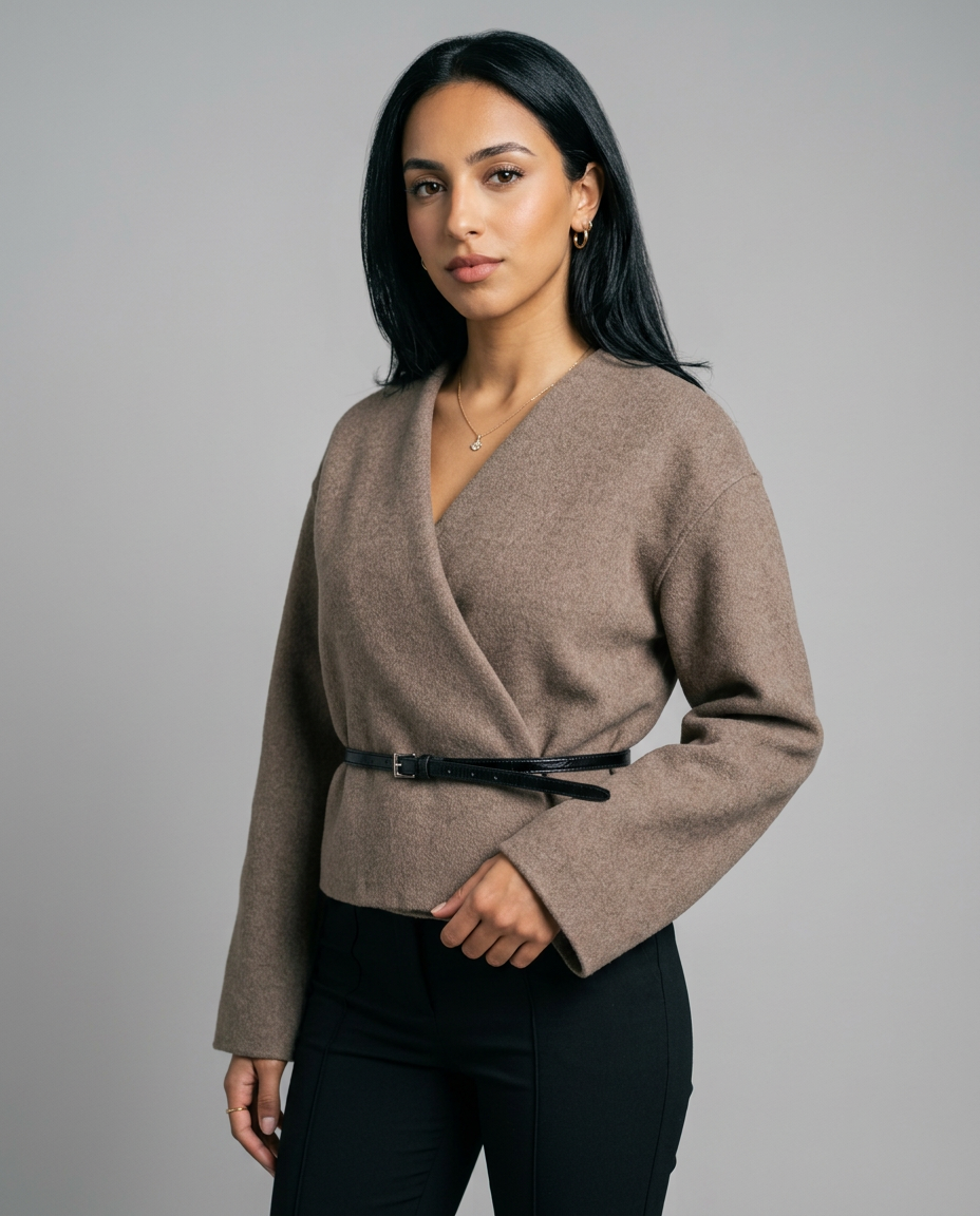 Women's Belted Wrap Coat in Beige – three-quarter view