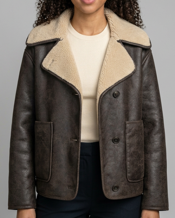 Women's Fleece Lined Single-Breasted Coat in Brown – front view