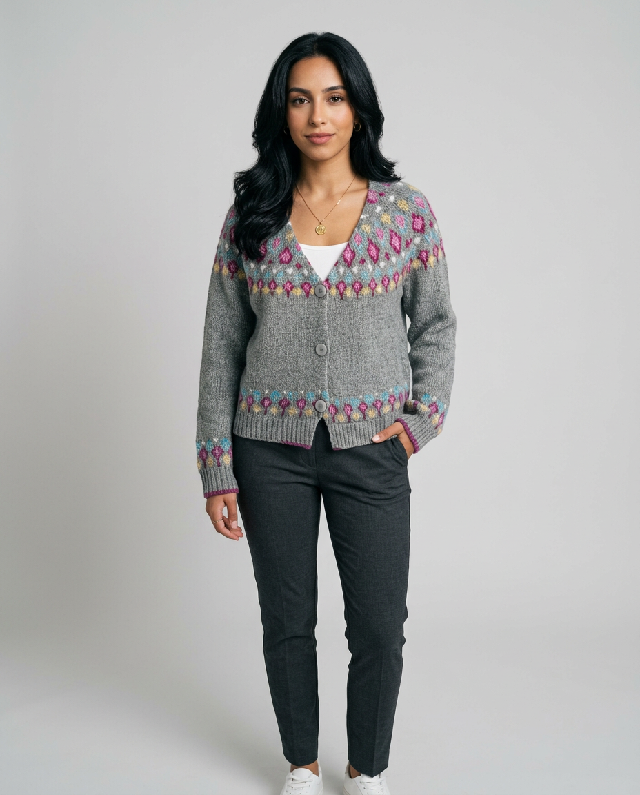 Women's Fair Isle Nordic Knit Cardigan in Grey – front view