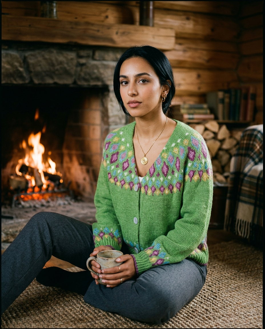 Women's Fair Isle Nordic Knit Cardigan in Green – lifestyle shot