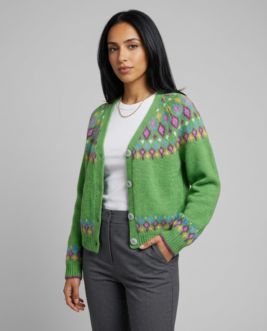 Women's Fair Isle Nordic Knit Cardigan in Green – three-quarter view