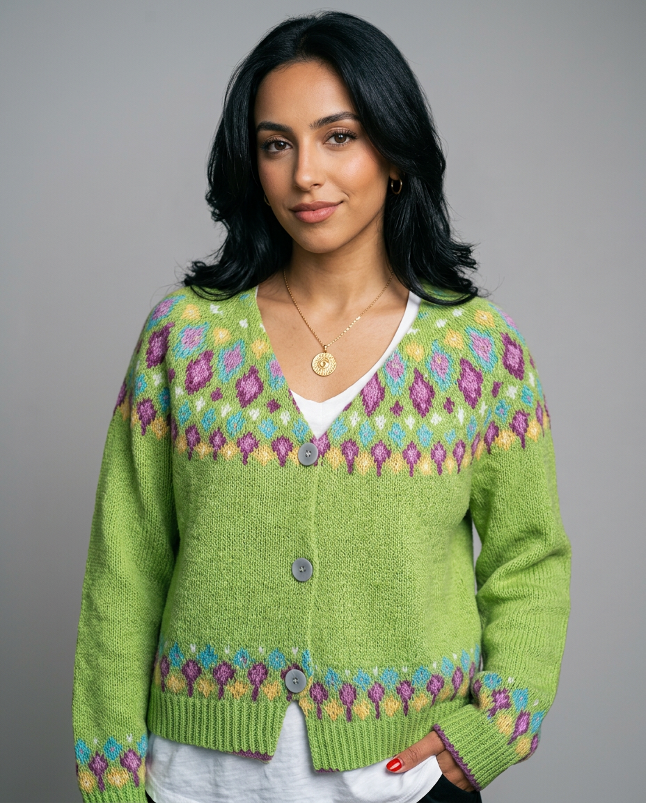 Women's Fair Isle Nordic Knit Cardigan in Green – close-up