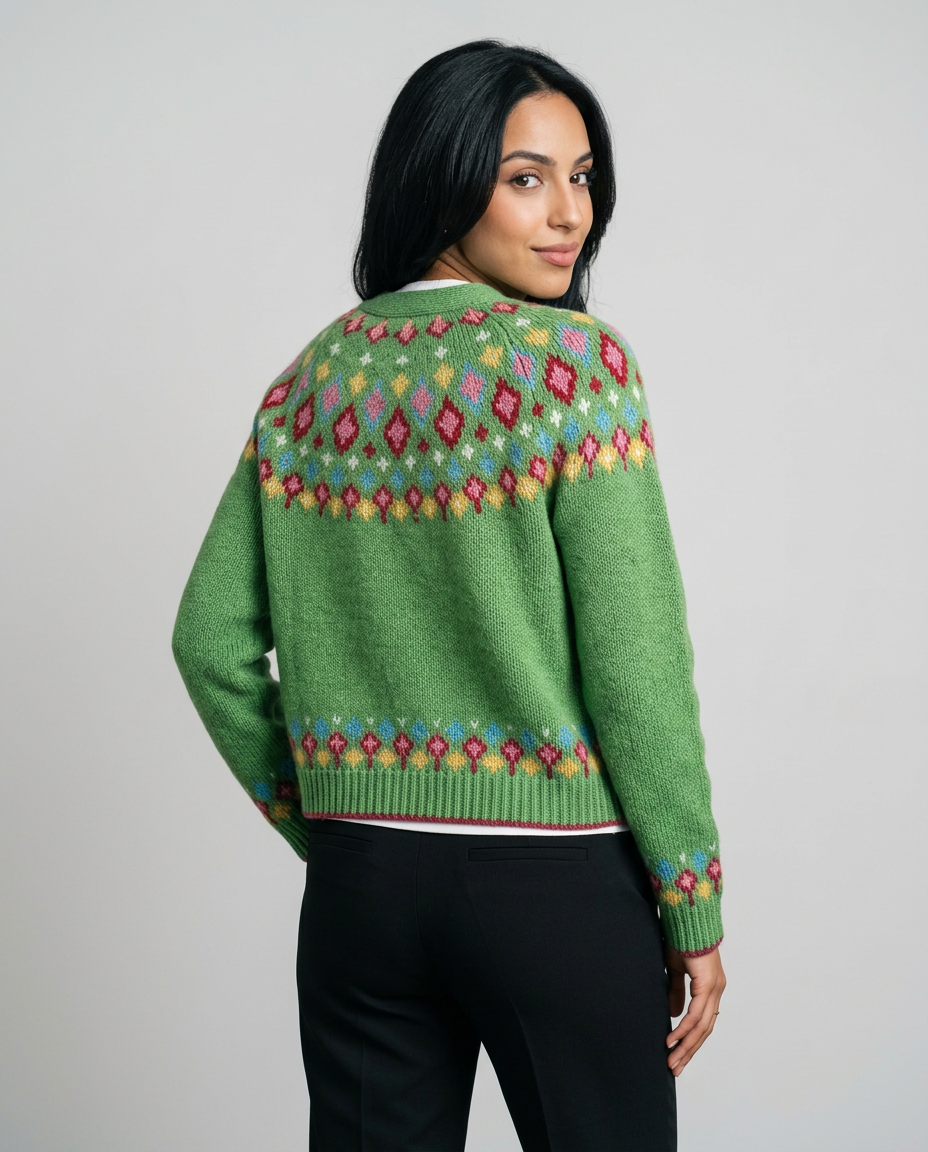 Women's Fair Isle Nordic Knit Cardigan in Green – back view
