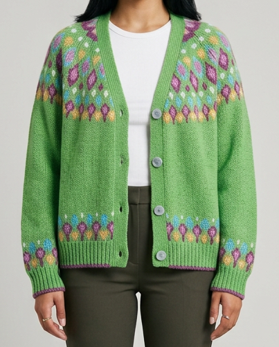 Women's Fair Isle Nordic Knit Cardigan in Green – front view