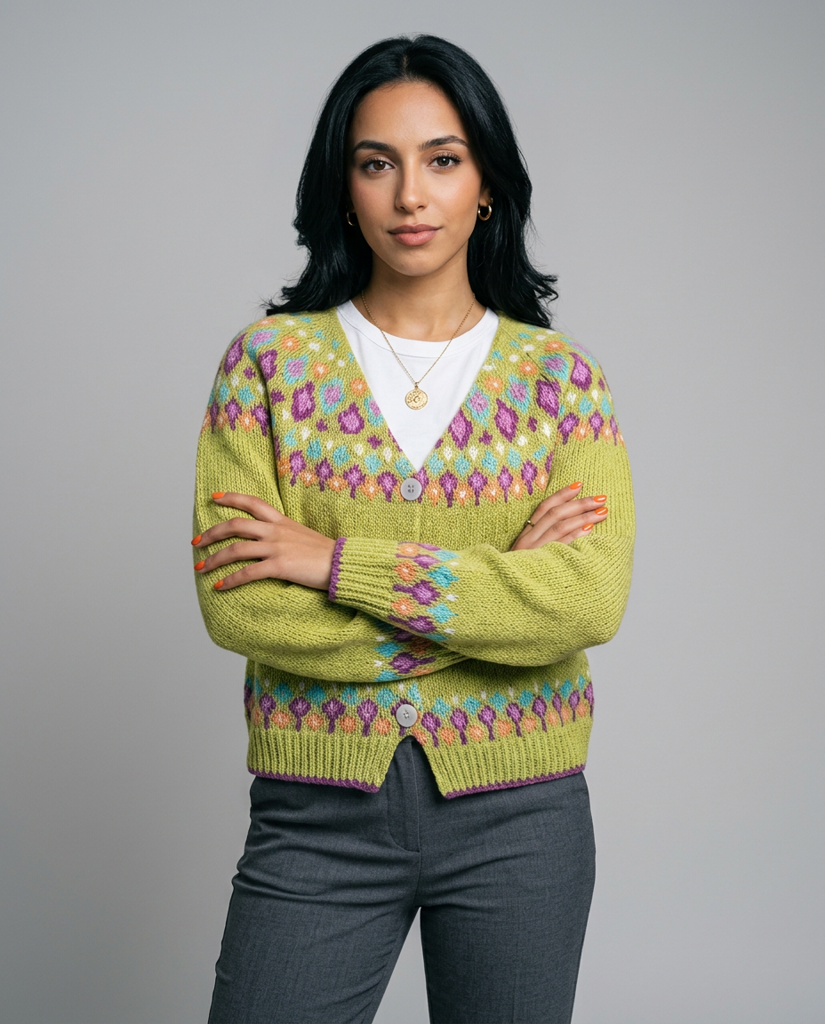 Women's Fair Isle Nordic Knit Cardigan in Yellow – front view