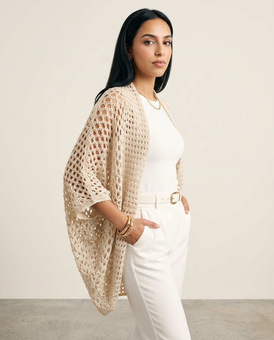 Women's Open Knit Batwing Cardigan in Apricot – three-quarter view