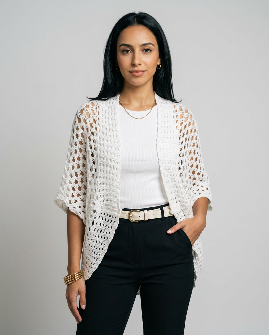 Women's Open Knit Batwing Cardigan in White – front view