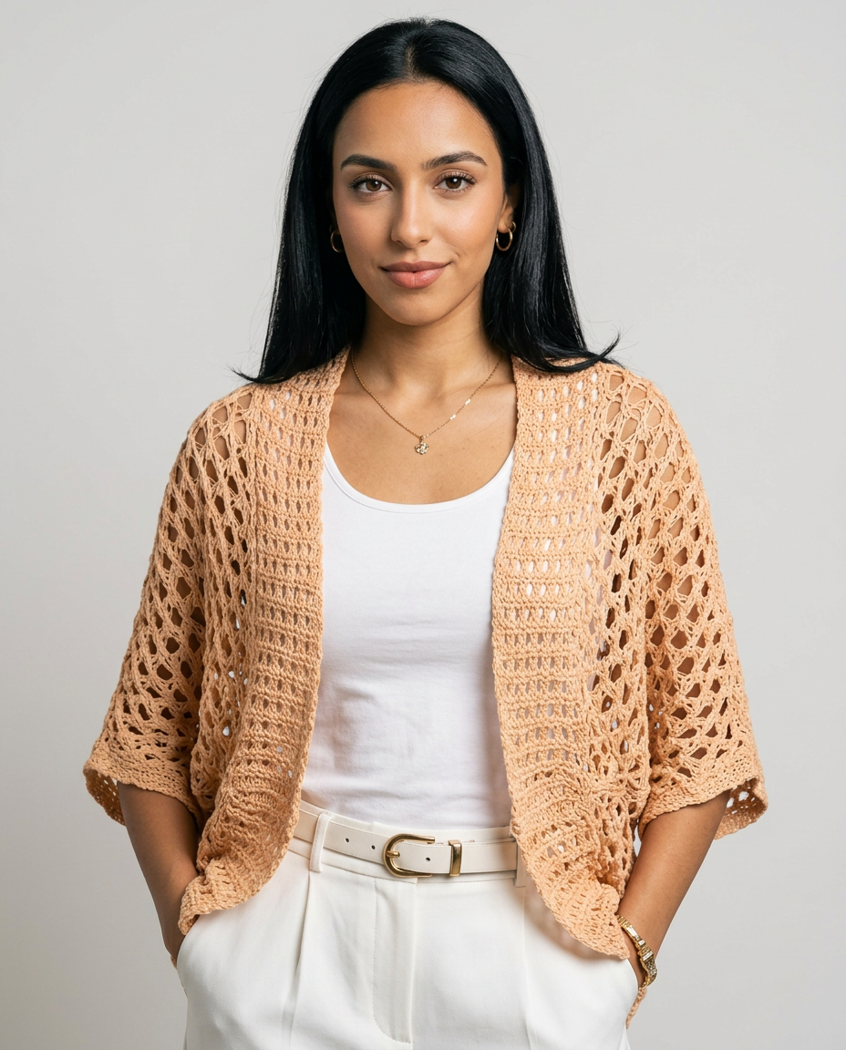 Women's Open Knit Batwing Cardigan in Apricot – close-up