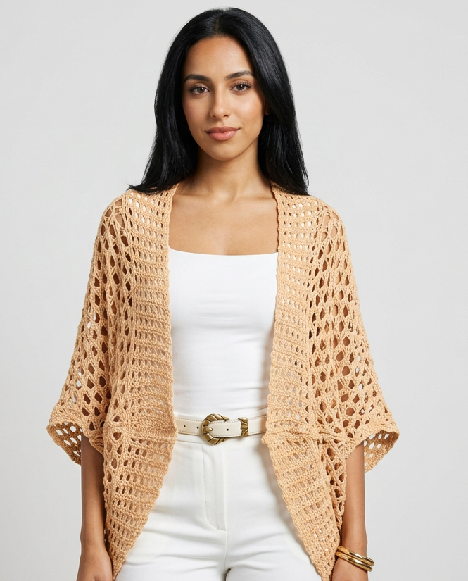 Women's Open Knit Batwing Cardigan in Apricot – front view