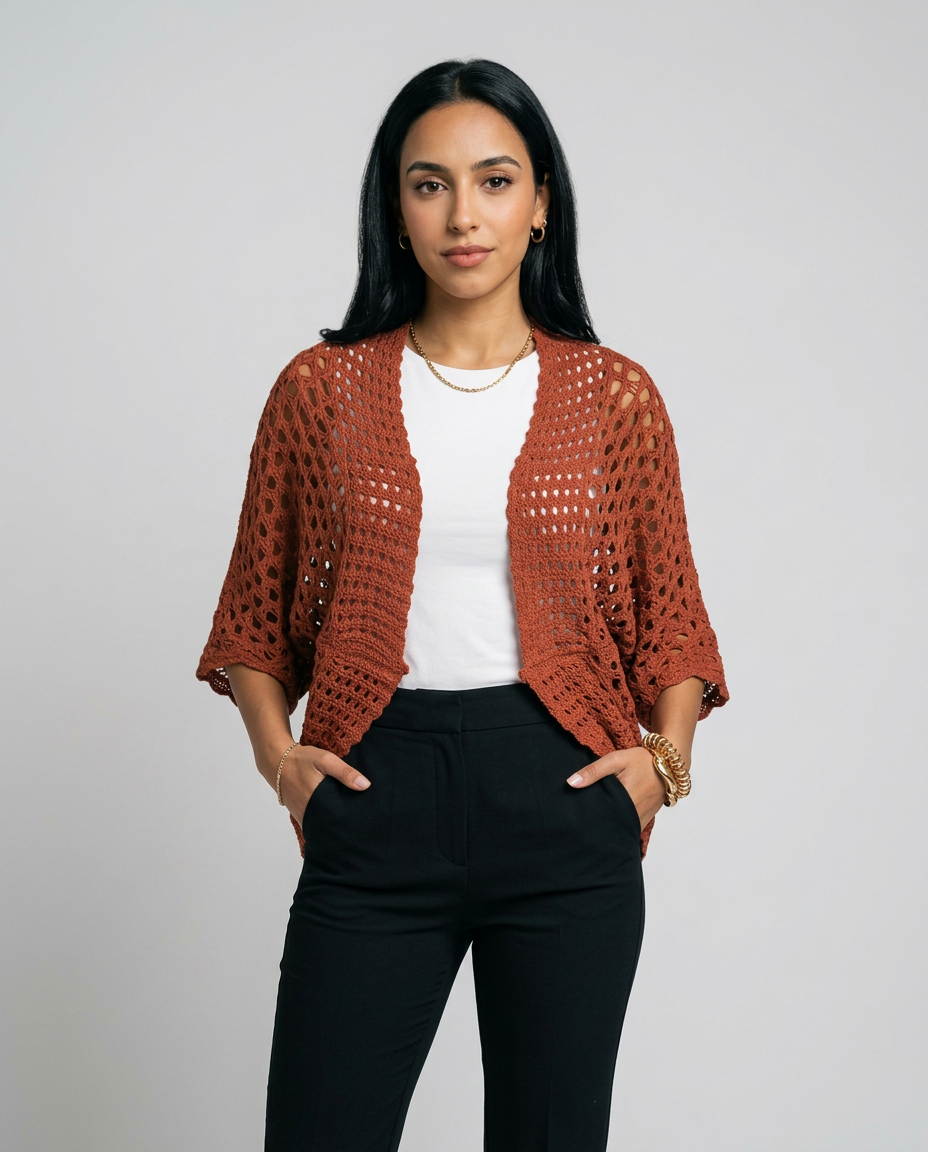 Women's Open Knit Batwing Cardigan in Brick Red – front view