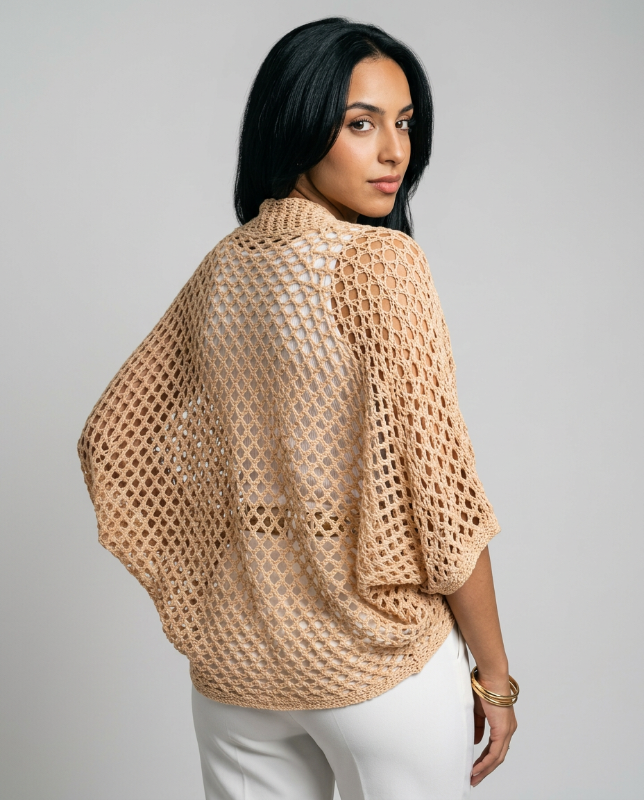 Women's Open Knit Batwing Cardigan in Apricot – back view