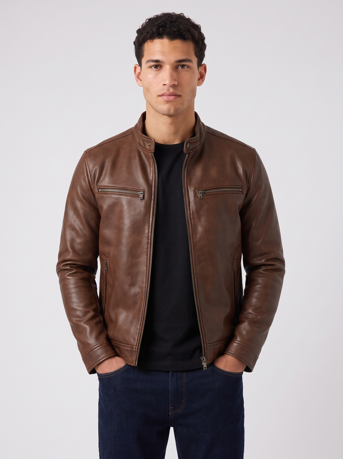 Men's Faux Leather Biker Jacket – Classic Moto Style, Full-Zip