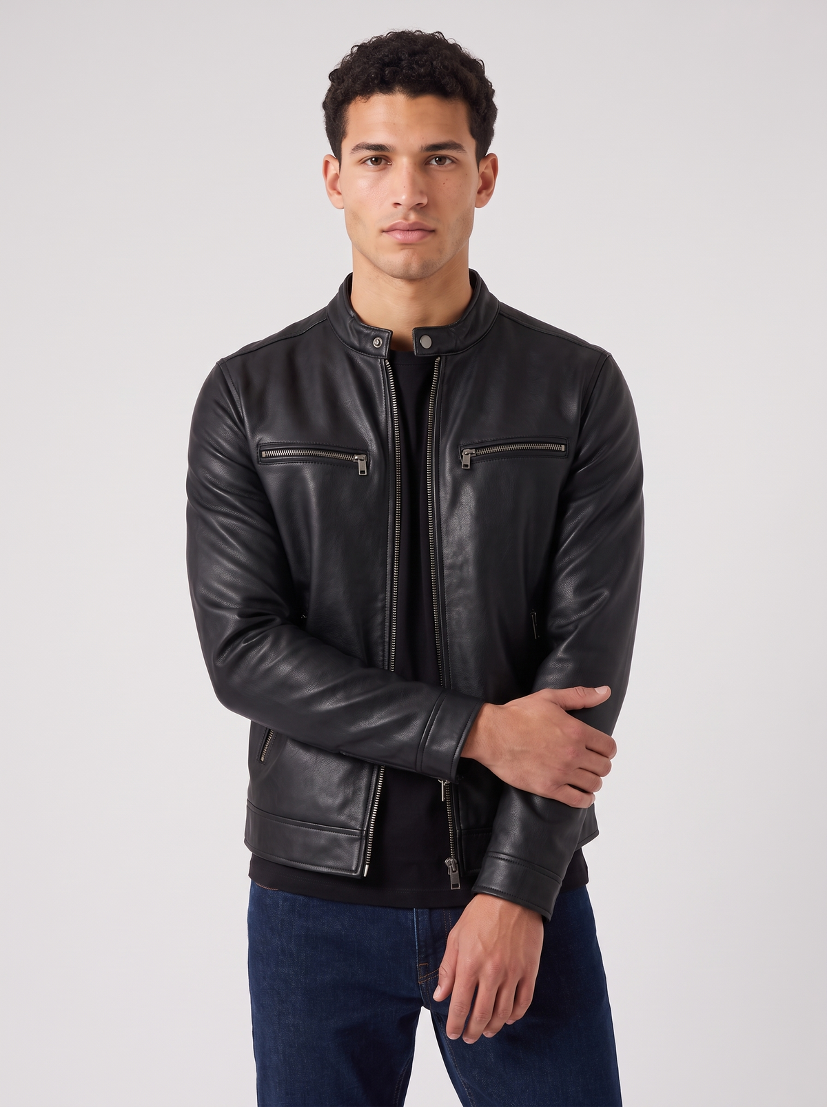 Men's Faux Leather Biker Jacket – Classic Moto Style, Full-Zip