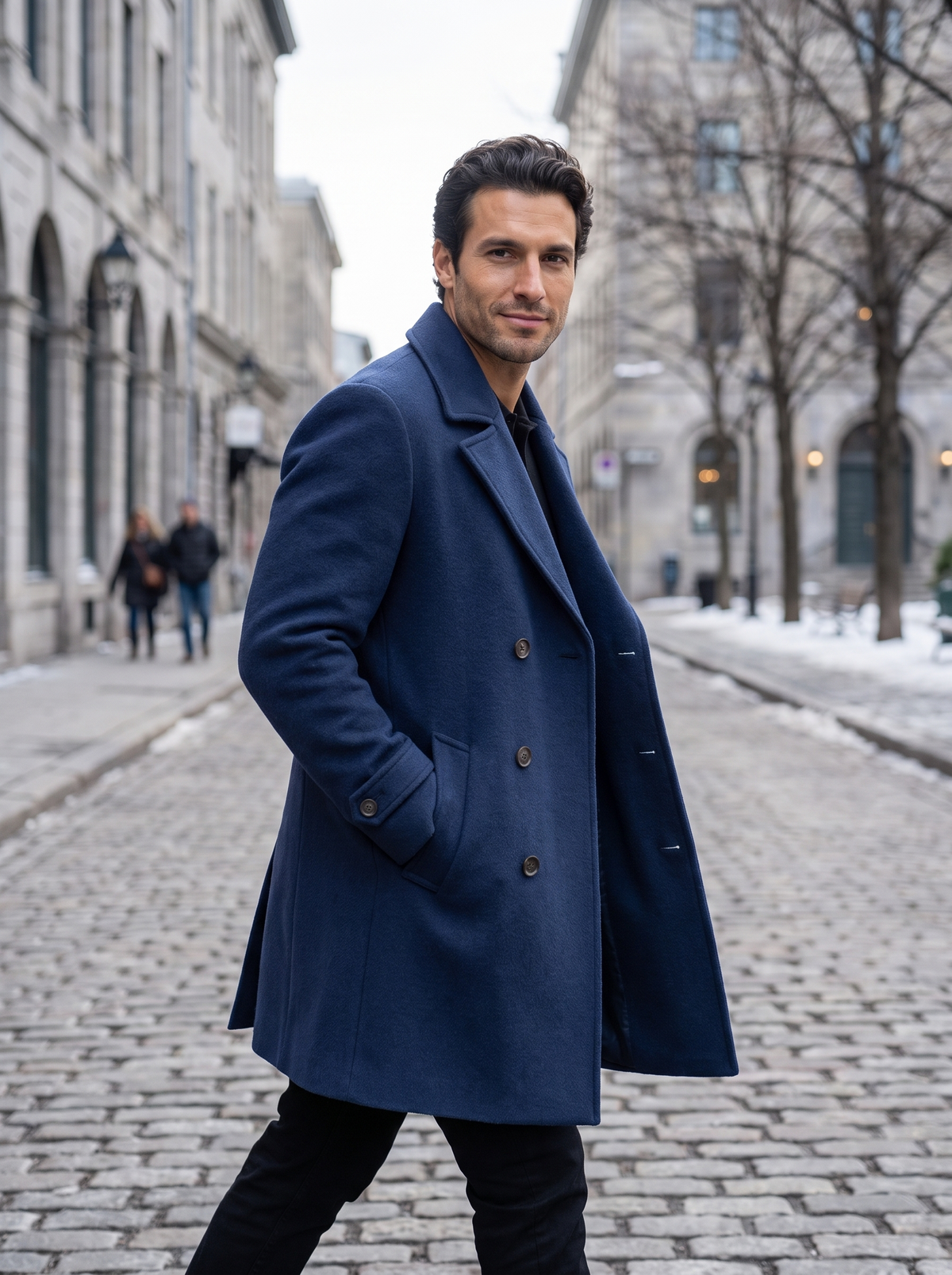 Men's Classic Wool Blend Overcoat in Blue – lifestyle shot