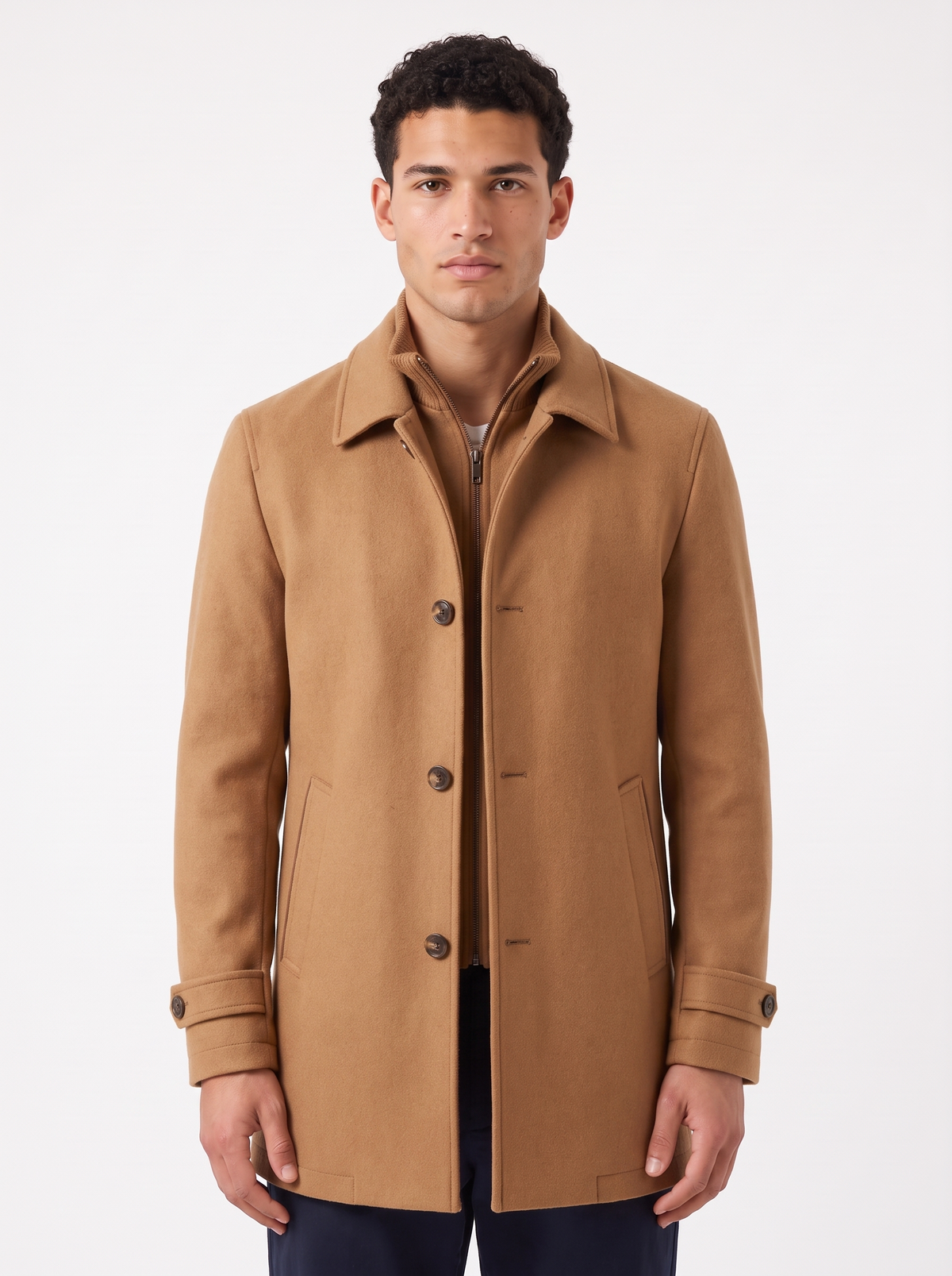 Men's Long Wool Blend Zip Overcoat in Light Brown – front view