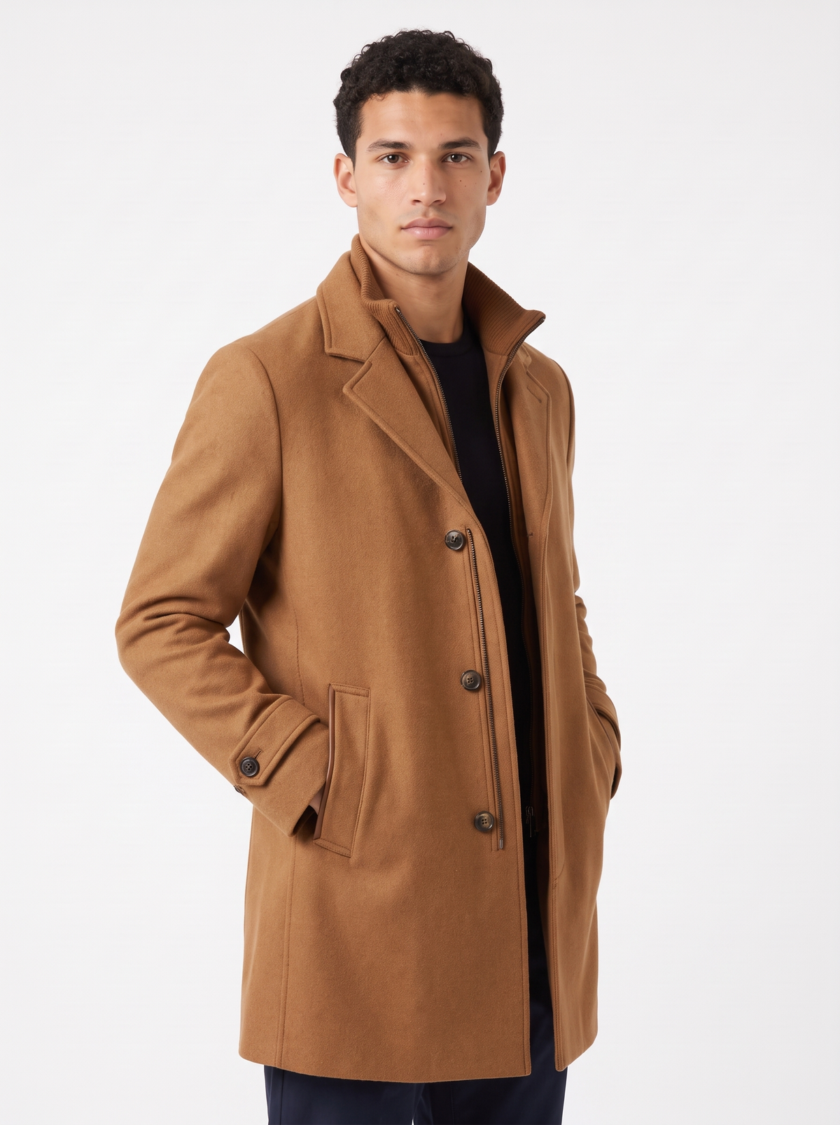 Men's Long Wool Blend Zip Overcoat in Light Brown – three-quarter view