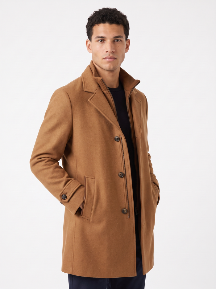 Men's Long Wool Blend Zip Overcoat in Light Brown – three-quarter view