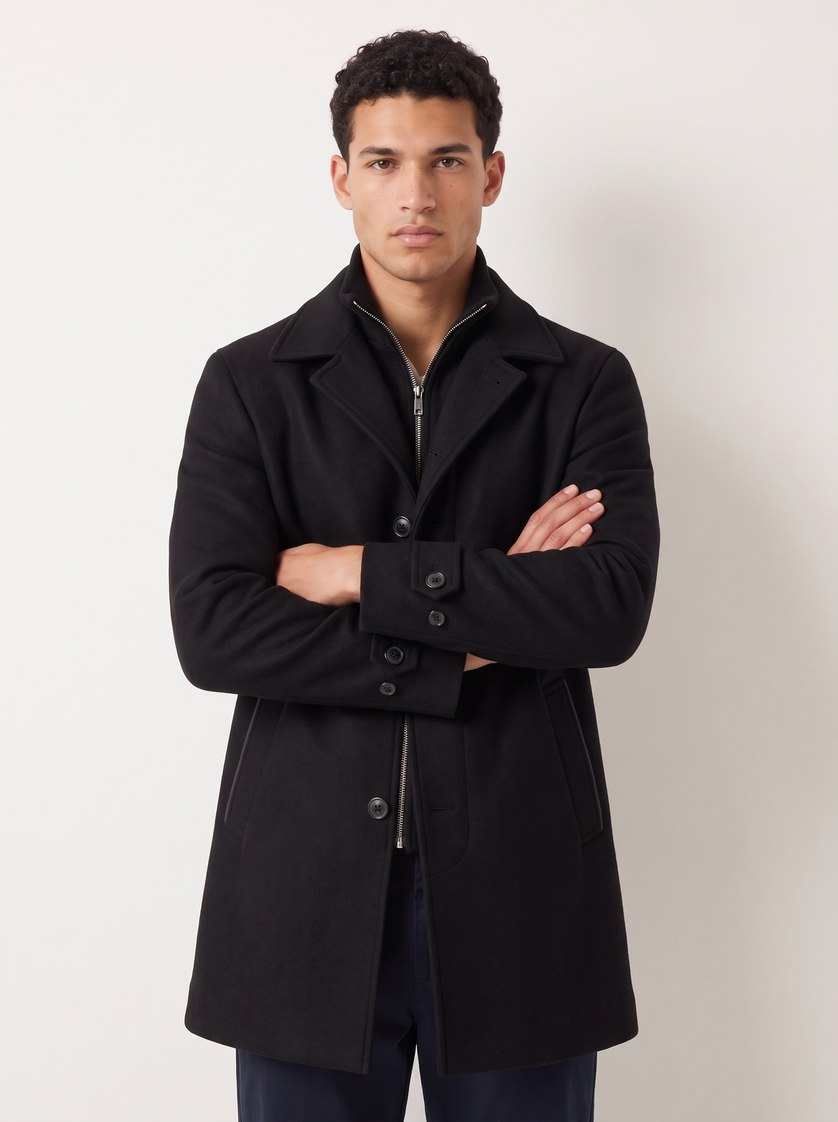 Men's Long Wool Blend Zip Overcoat in Black