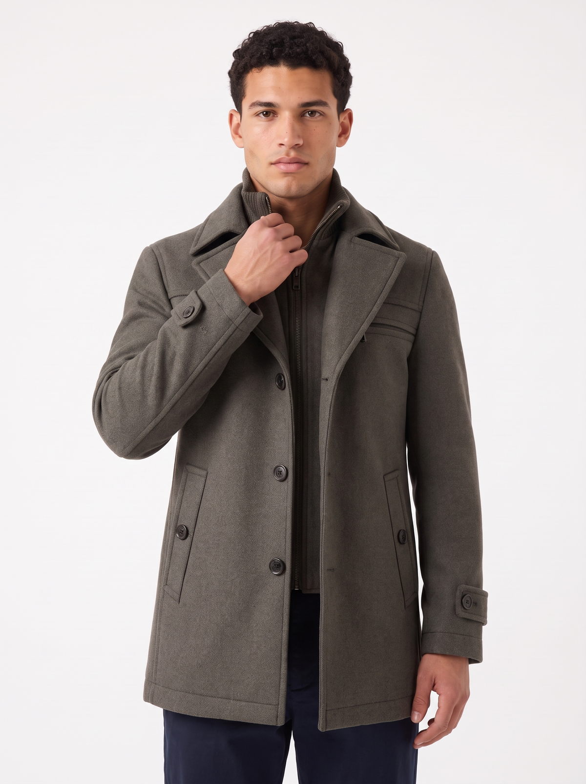 Men's Long Wool Blend Zip Overcoat in Grey