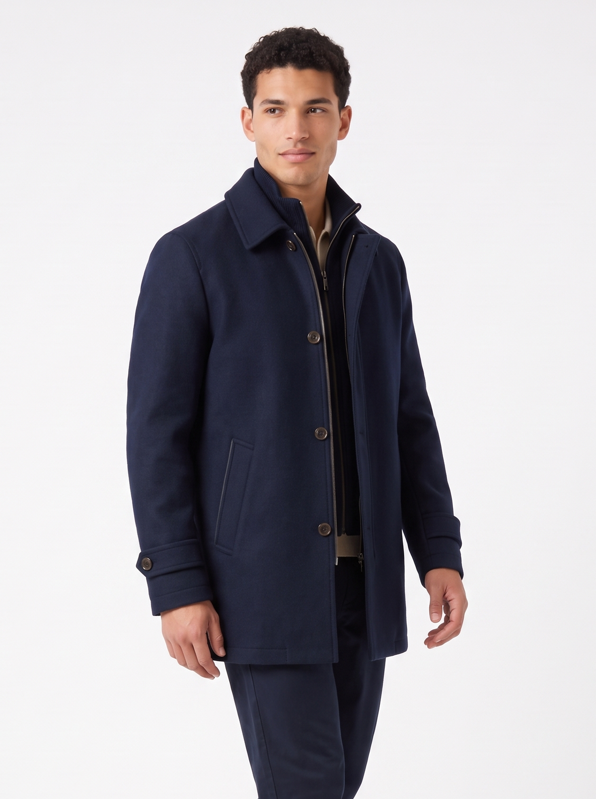 Men's Long Wool Blend Zip Overcoat in Navy Blue