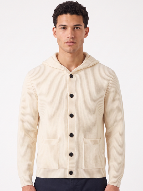 Men's Hooded Button Up Knit Cardigan in Beige – front view