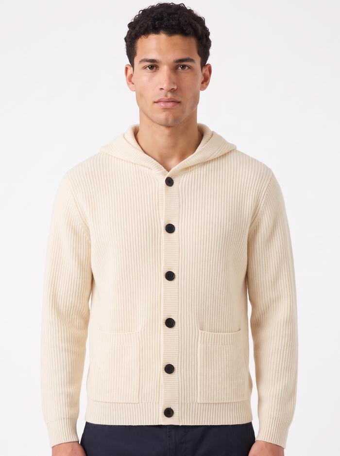 Men's Hooded Button Up Knit Cardigan in Beige – front view