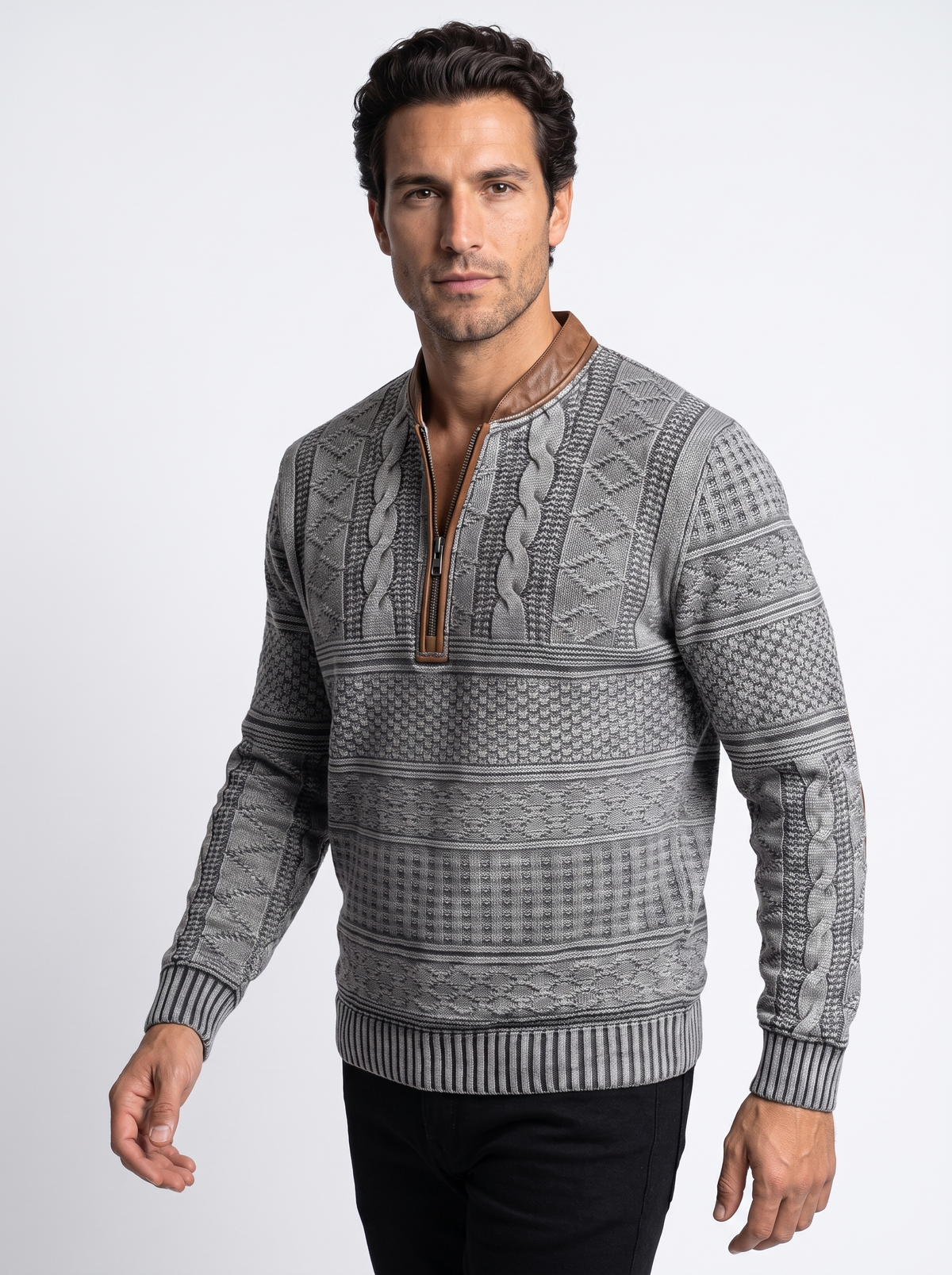 Men's Textured Half Zip Knit Jumper in Grey