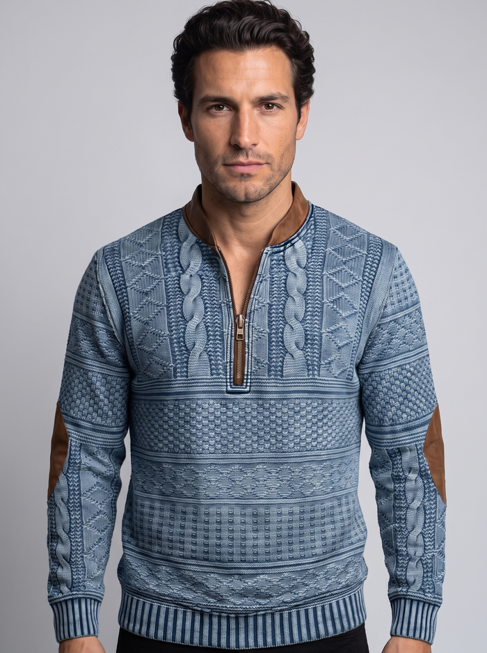 Men's Textured Half Zip Knit Jumper in Blue – front view