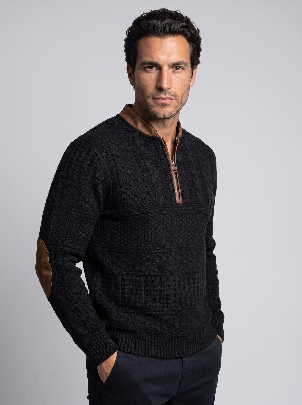 Men's Textured Half Zip Knit Jumper in Black