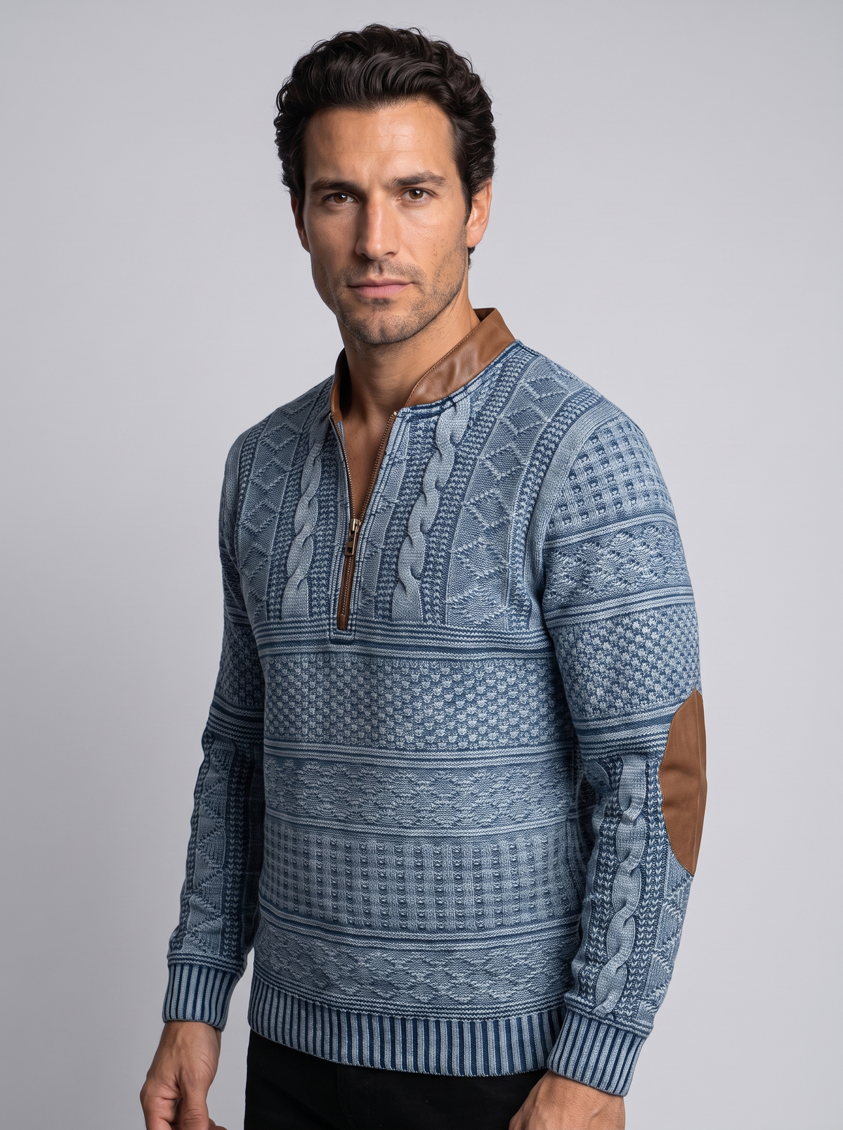 Men's Textured Half Zip Knit Jumper in Blue – three-quarter view