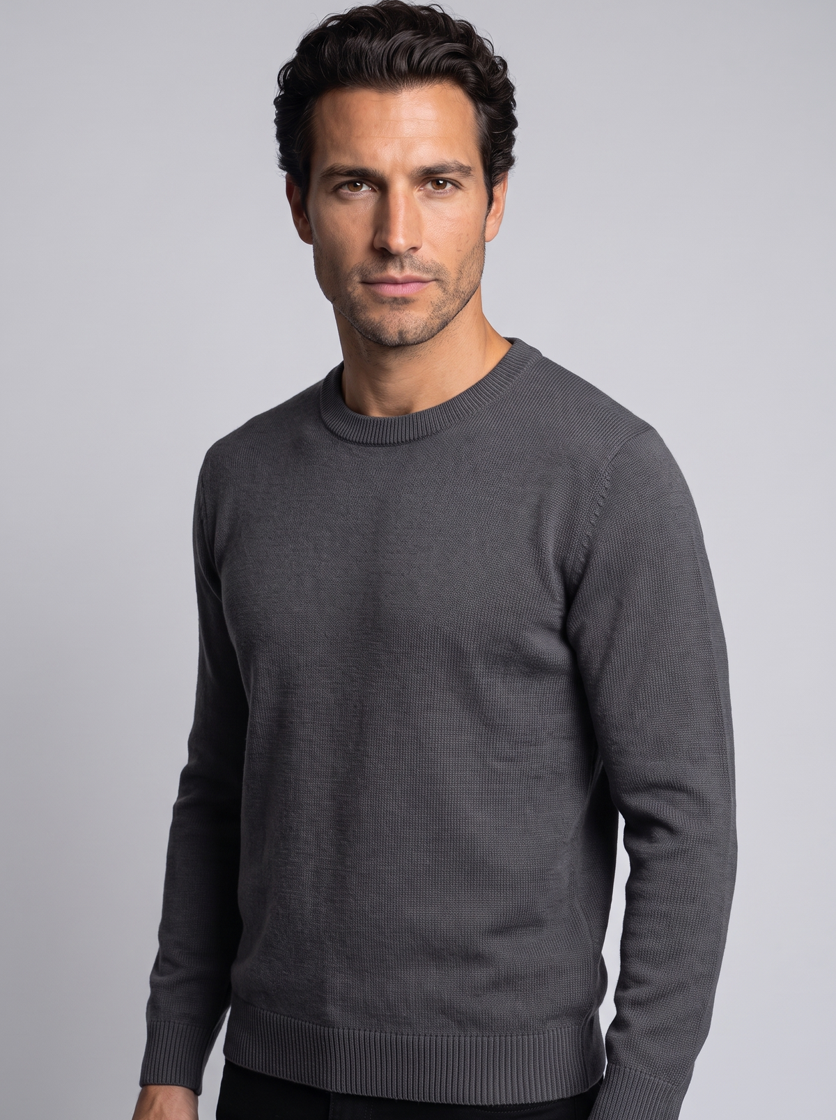 Men's Soft Knit Crew Neck Jumper in Grey – three-quarter view