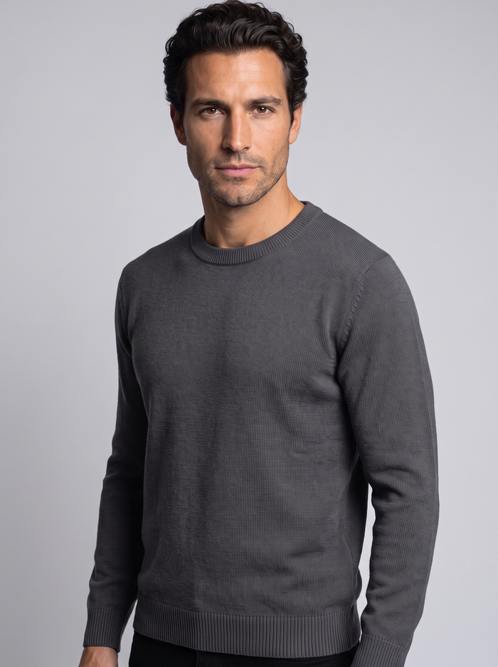Men's Soft Knit Crew Neck Jumper in Grey – three-quarter view