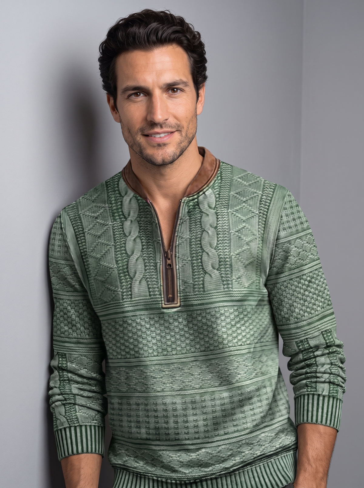 Men's Textured Half Zip Knit Jumper in Green