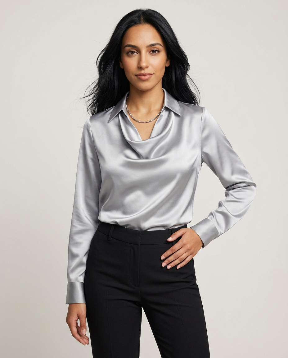 Elegant Satin Blouse – Waterfall Neckline