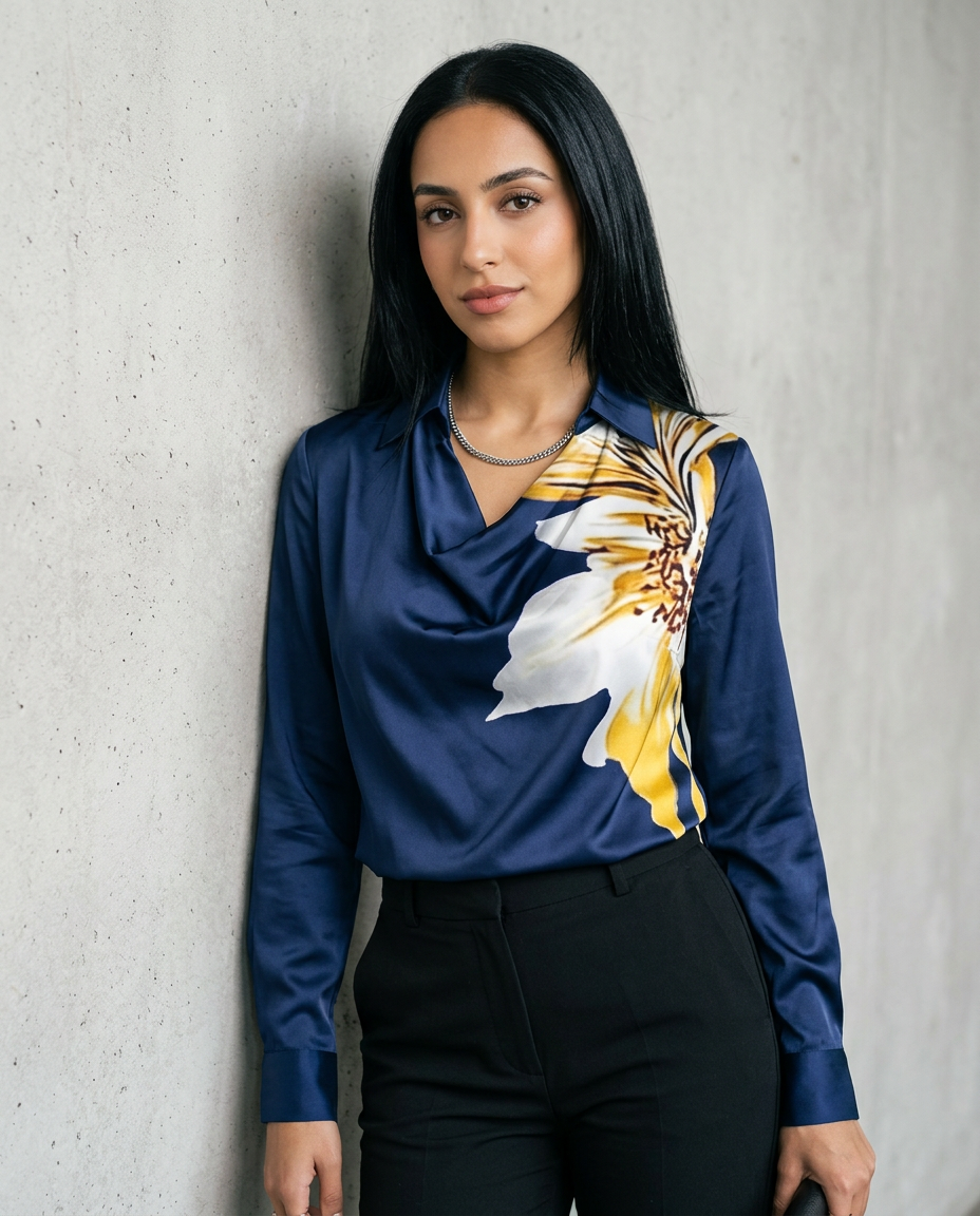 Elegant Satin Blouse – Waterfall Neckline