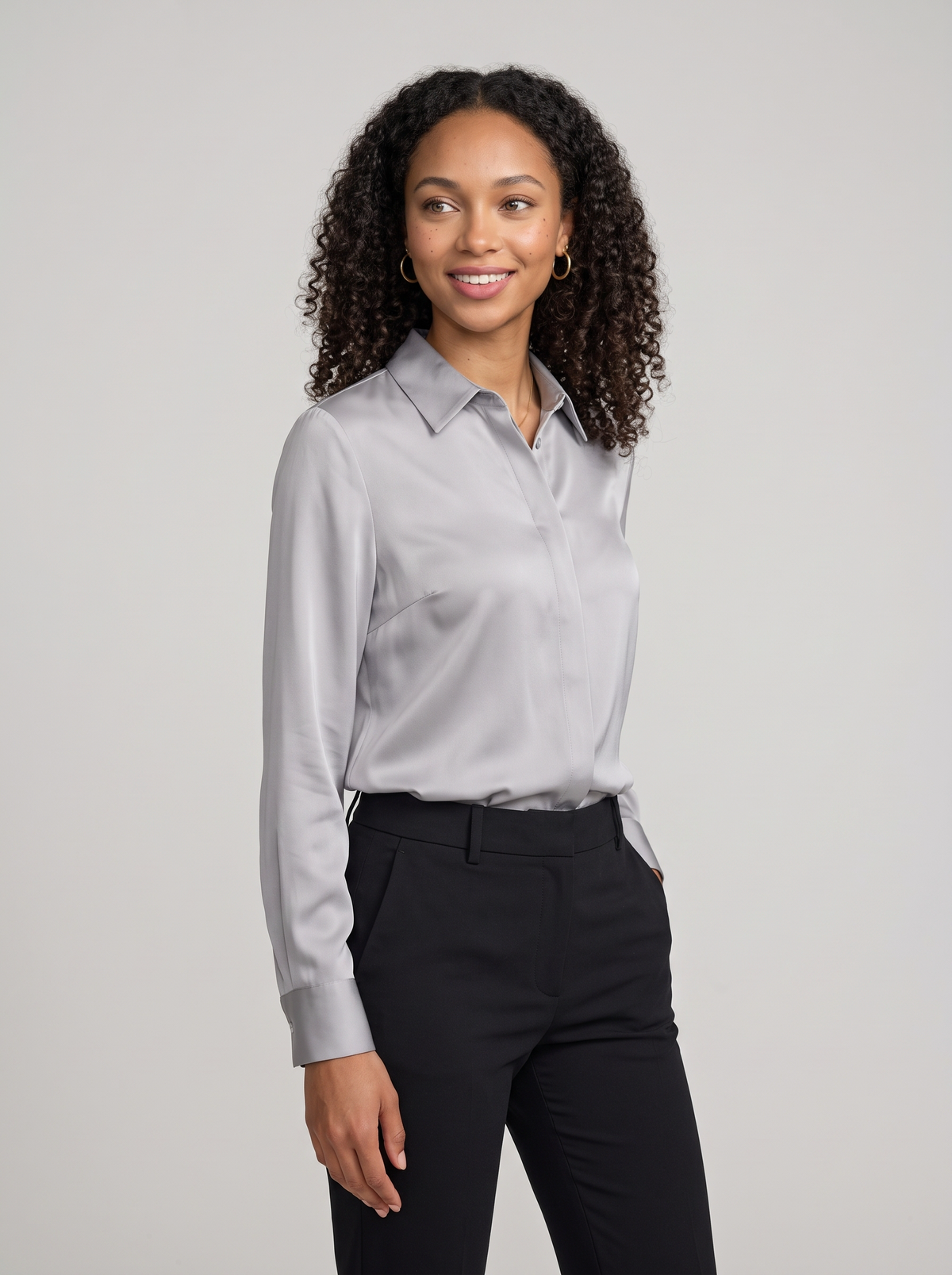 Women's Collared Satin Shirt Blouse in Grey