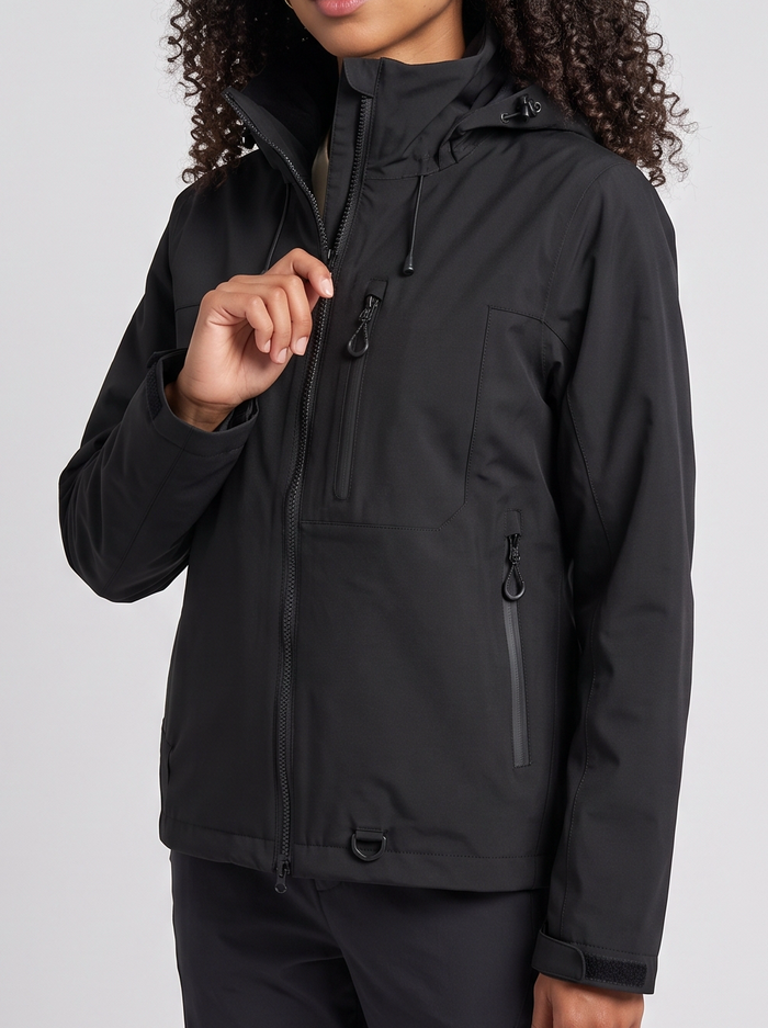 Women's Short Hooded Waterproof Raincoat in Black – three-quarter view