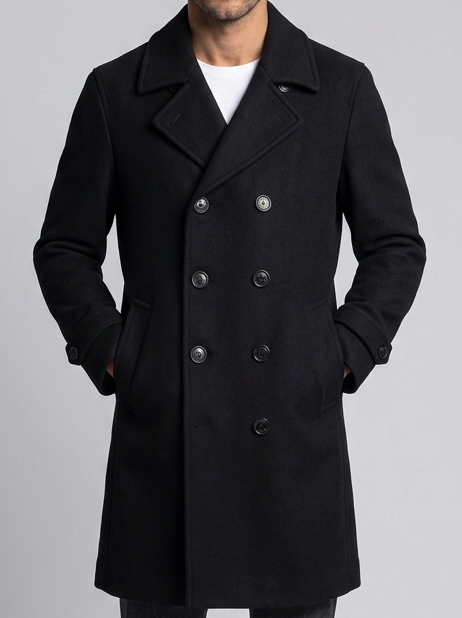 Men's Double Breasted Long Overcoat in Black – front view