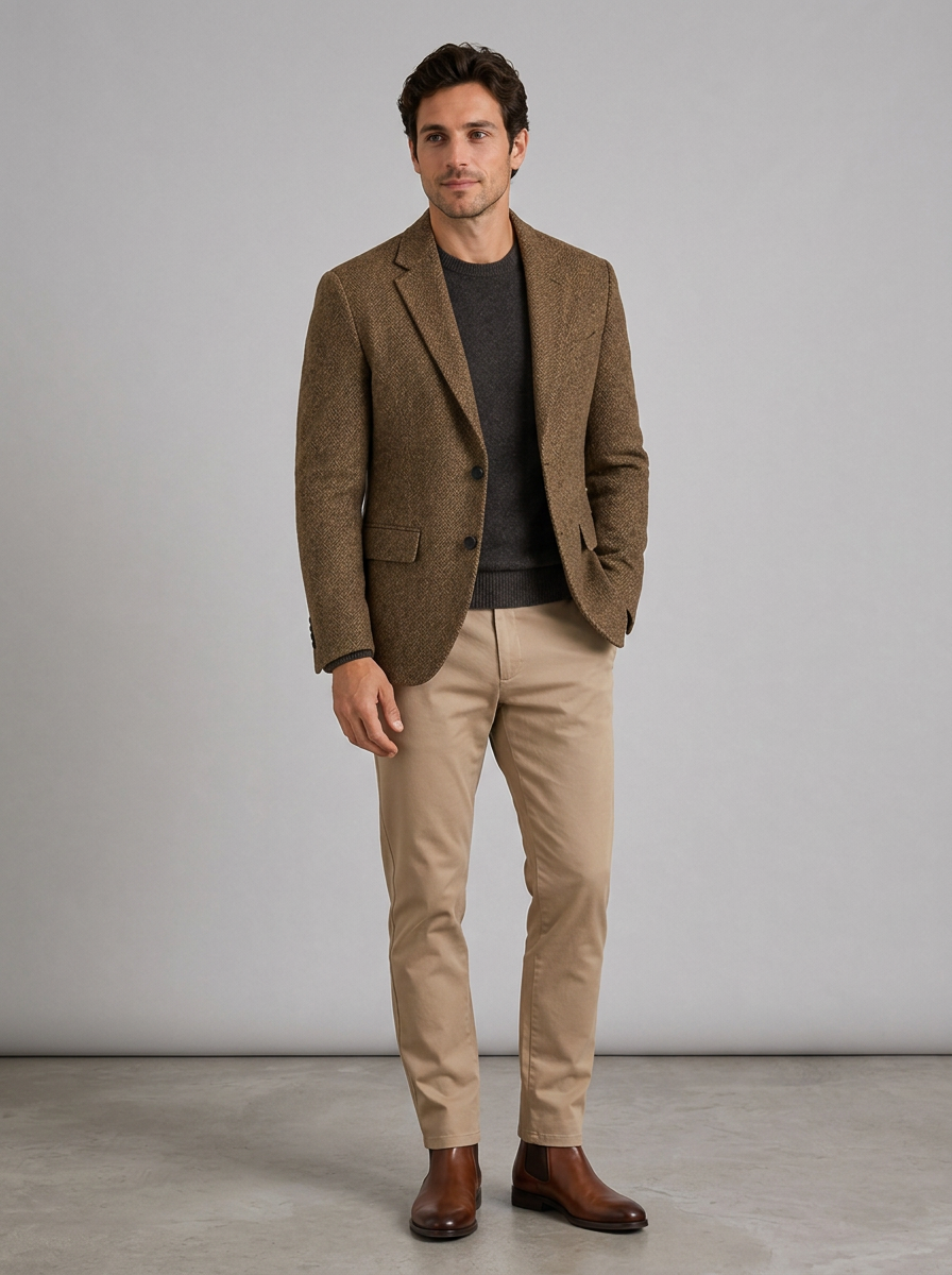 Men's Herringbone Blazer – Wool Blend Tailored