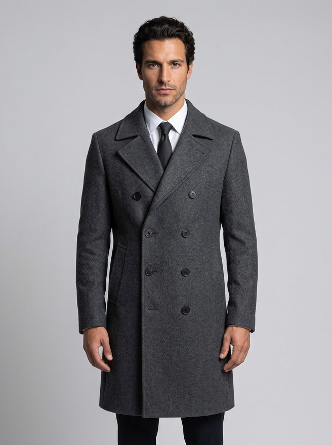 Men's Double Breasted Long Overcoat in Dark Grey – front view