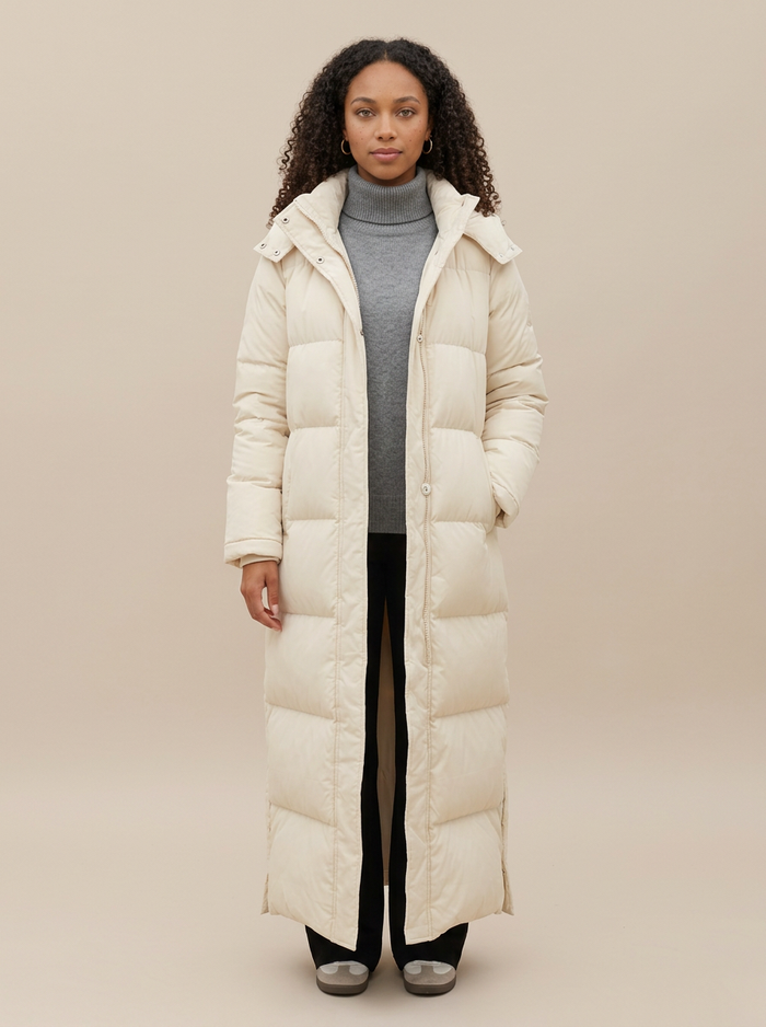 Women's Long Hooded Puffer Coat in White – front view