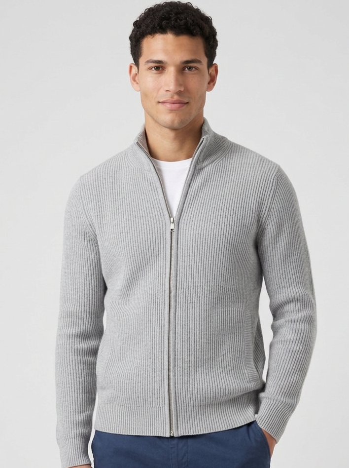 Men's Ribbed Zip Through Cardigan in Light Grey