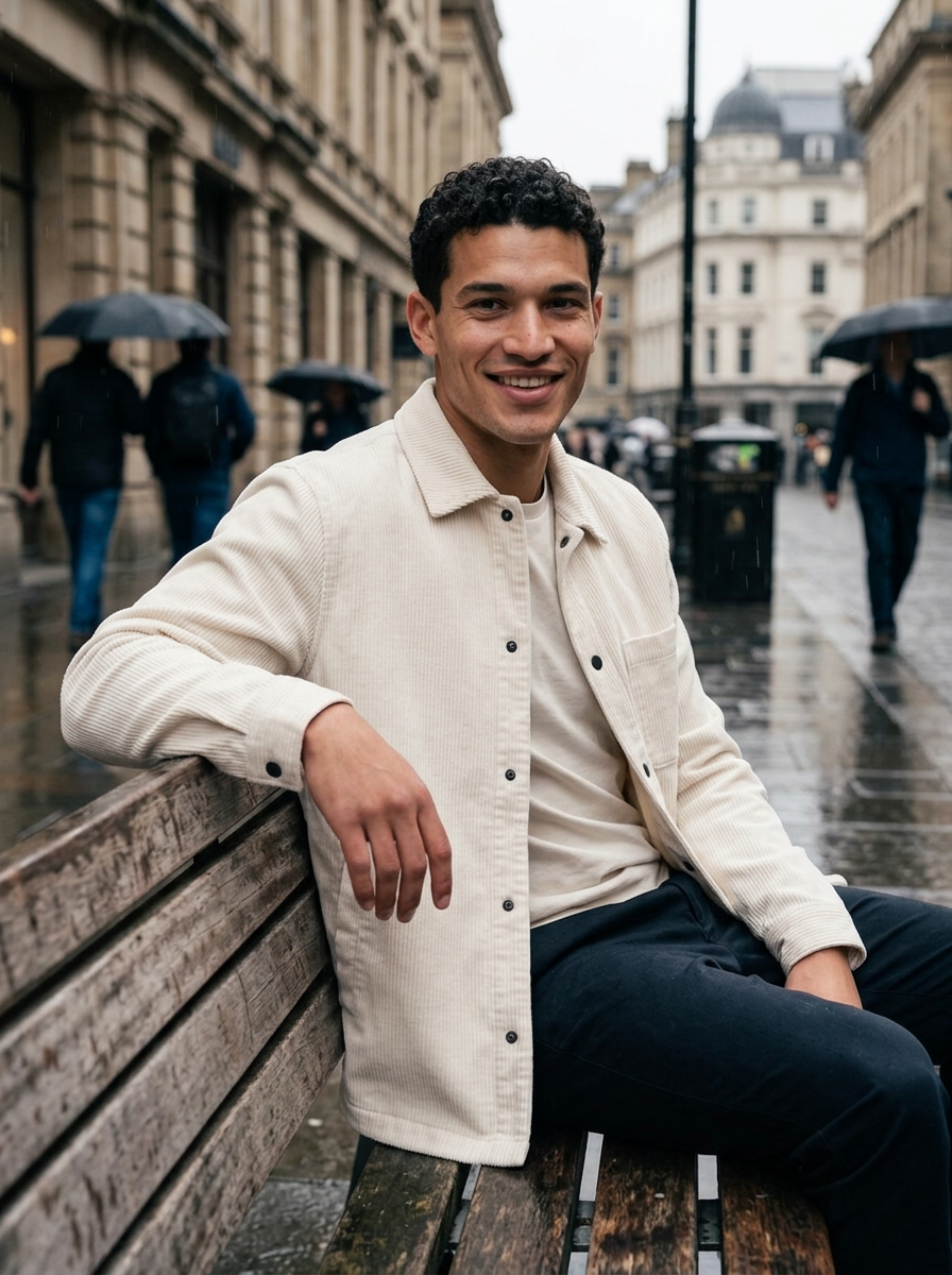 Men's Corduroy Snap Button Overshirt in Apricot – lifestyle shot