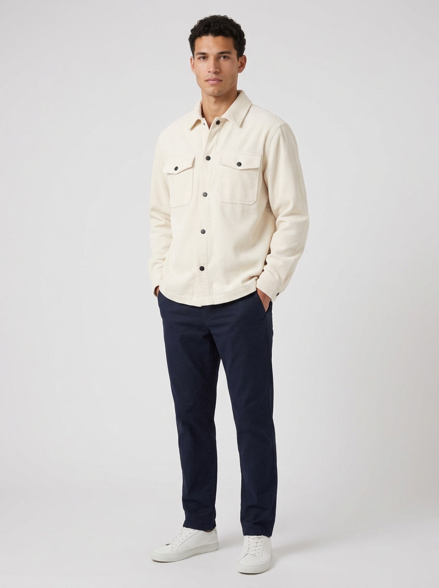 Men's Corduroy Snap Button Overshirt in Apricot – three-quarter view