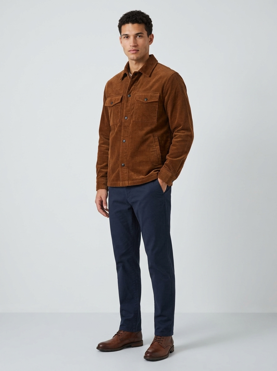 Men's Corduroy Snap Button Overshirt in Brown – three-quarter view